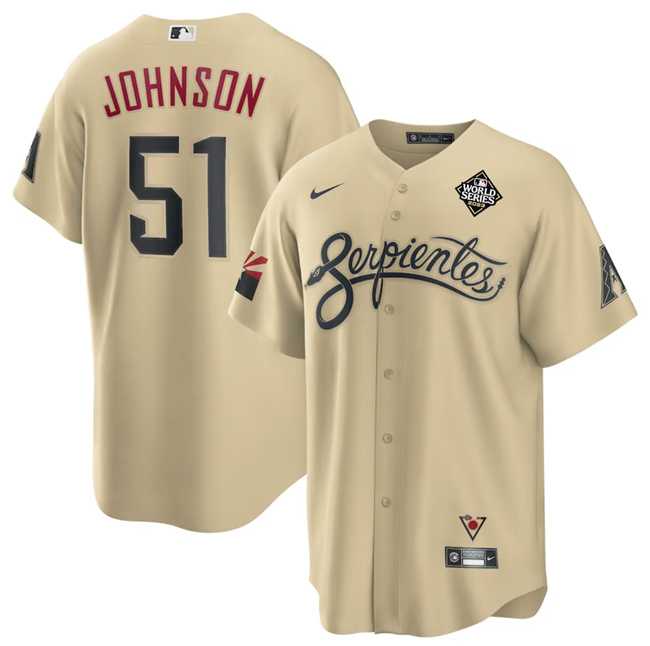 Mens Arizona Diamondbacks #51 Randy Johnson Gold 2023 World Series City Connect Cool Base Stitched Jersey Dzhi